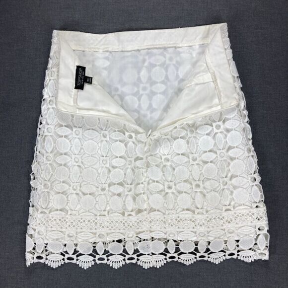 Topshop Skirt Womens 6 White Crochet Lace Embroidered Zip Back Boho Pull On Mini - Picture 6 of 13